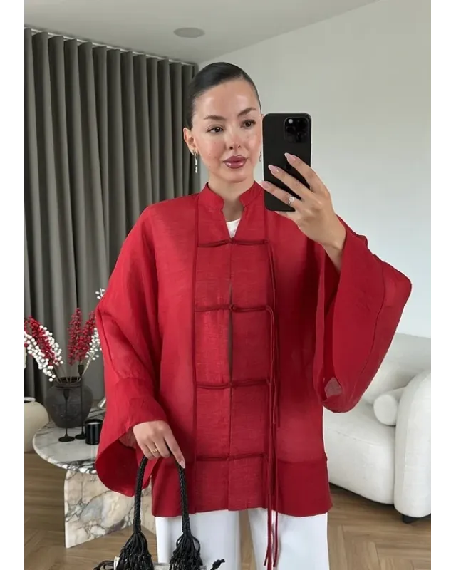 Chinese Button Sheer Shirt – Red