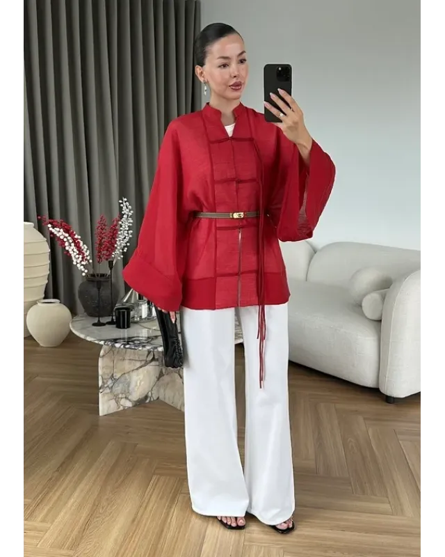 Chinese Button Sheer Shirt – Red