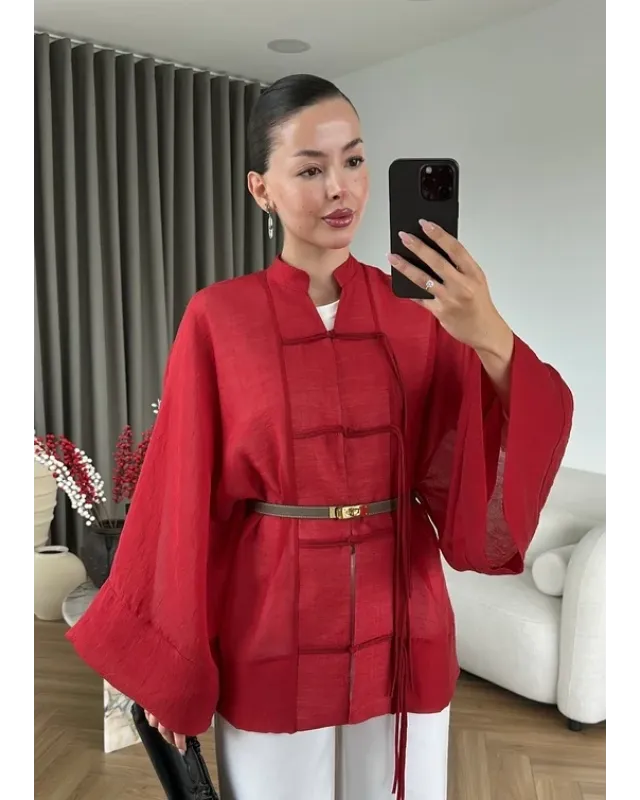 Chinese Button Sheer Shirt – Red