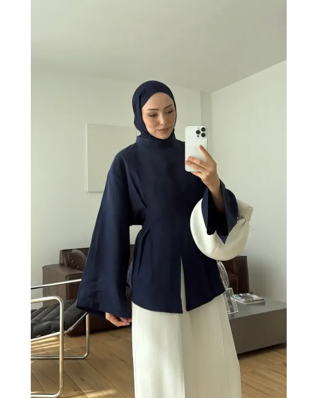 Pleated Modal Blouse – Navy Blue