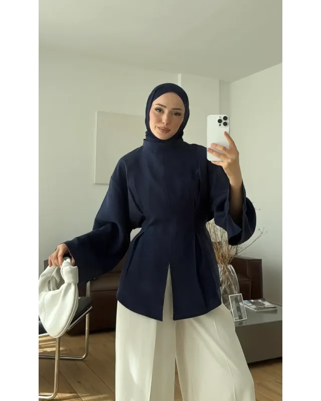 Pleated Modal Blouse – Navy Blue