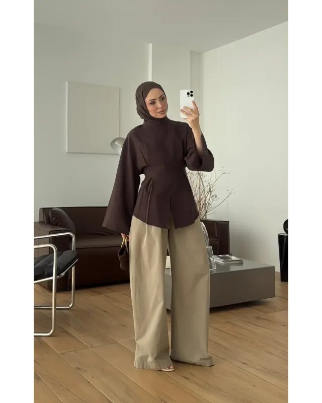 Pleated Modal Blouse – Brown