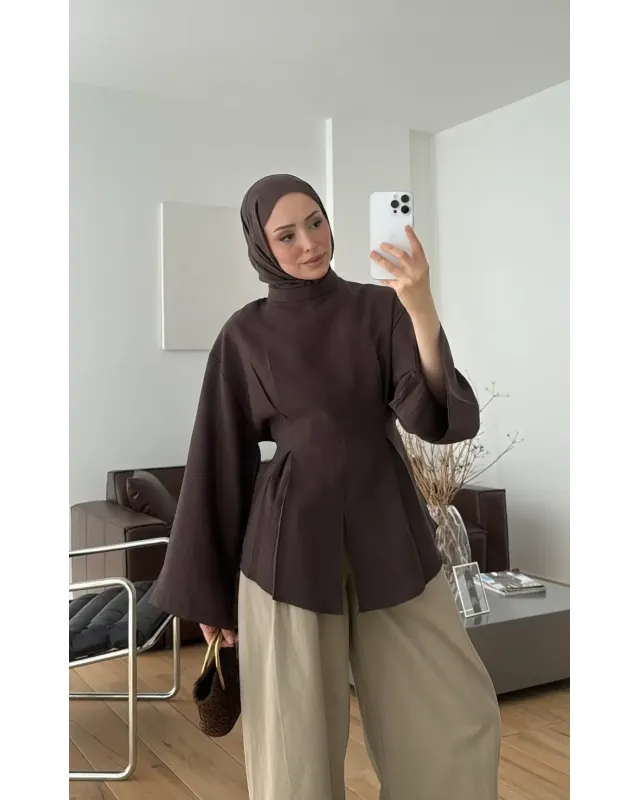 Pleated Modal Blouse – Brown