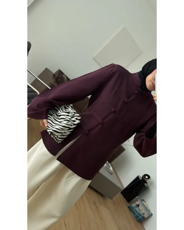 Button Detail Linen Blouse – Burgundy