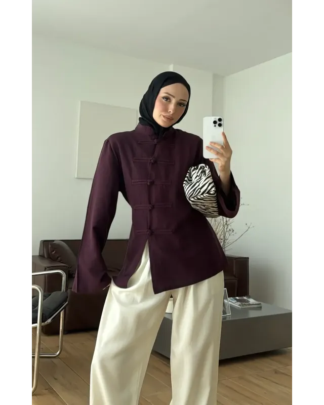 Button Detail Linen Blouse – Burgundy