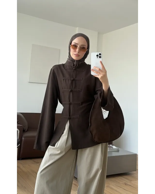 Button Detail Linen Blouse – Dark Brown