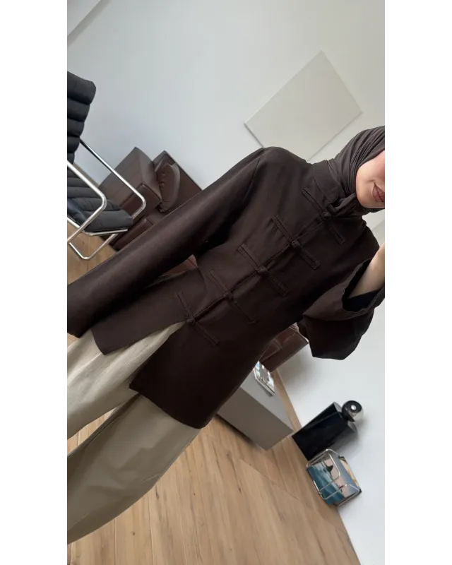 Button Detail Linen Blouse – Dark Brown