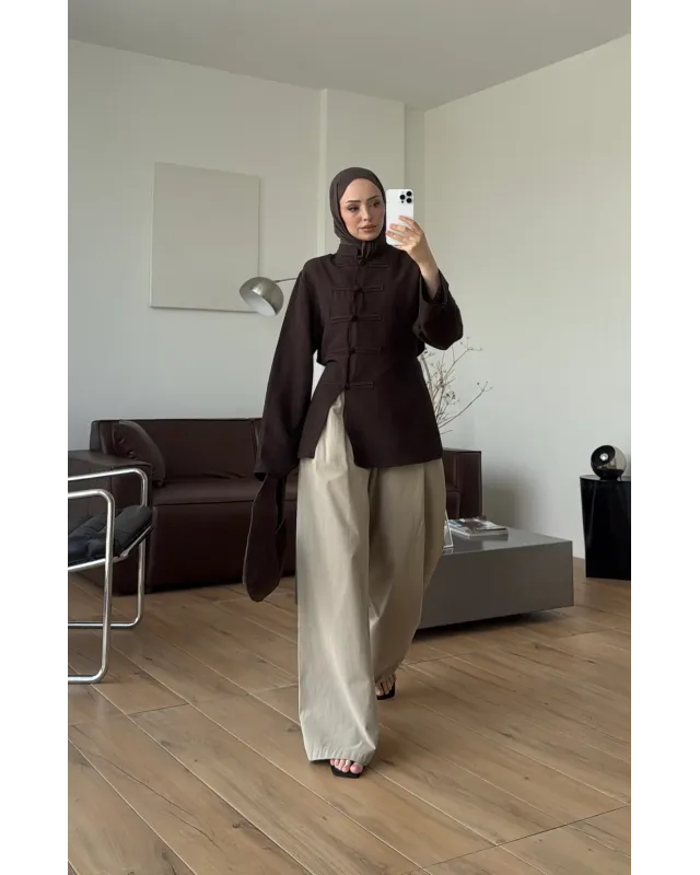 Button Detail Linen Blouse – Dark Brown