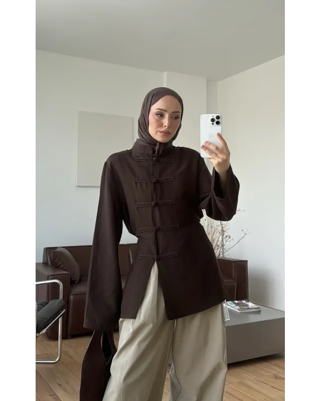 Button Detail Linen Blouse – Dark Brown