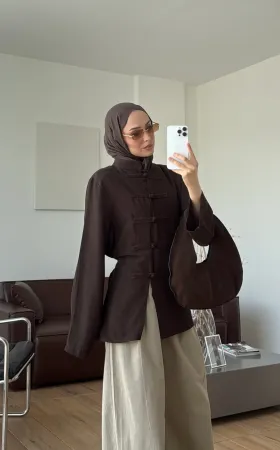 Button Detail Linen Blouse – Dark Brown