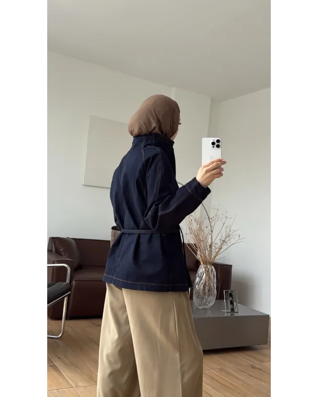 High-Neck Navy Denim Jacket with Belt