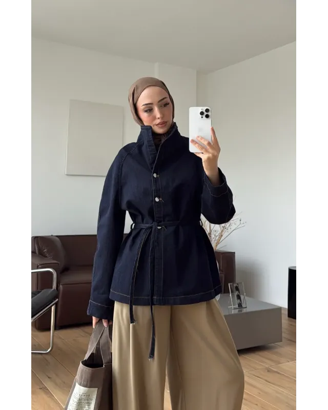 High-Neck Navy Denim Jacket with Belt