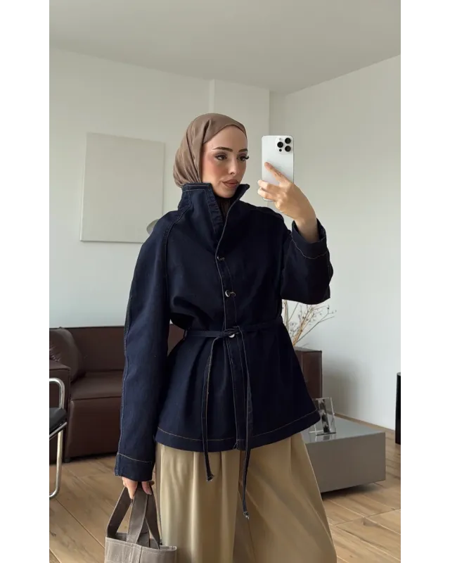 High-Neck Navy Denim Jacket with Belt