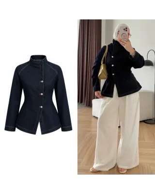 High-Neck Navy Denim Jacket with Belt