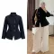 High-Neck Navy Denim Jacket with Belt