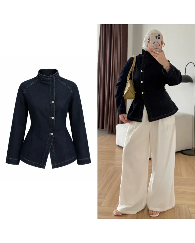 High-Neck Navy Denim Jacket with Belt