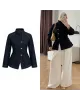 High-Neck Navy Denim Jacket with Belt