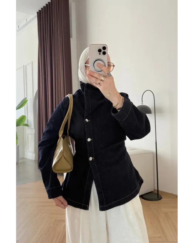 High-Neck Navy Denim Jacket with Belt