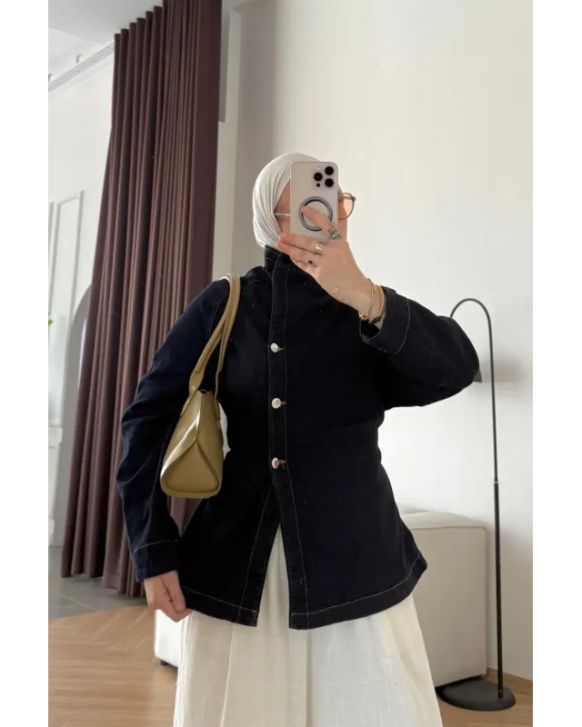 High-Neck Navy Denim Jacket with Belt