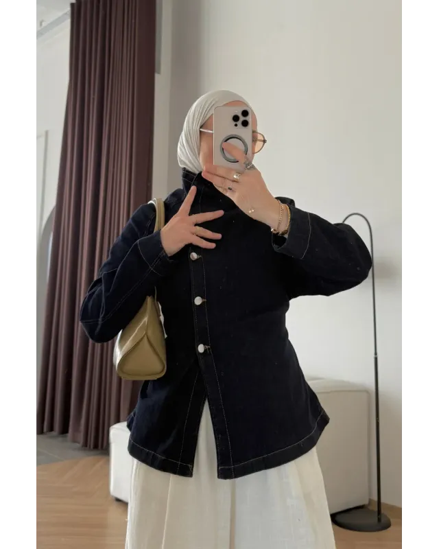 High-Neck Navy Denim Jacket with Belt