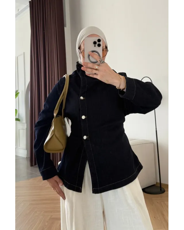 High-Neck Navy Denim Jacket with Belt