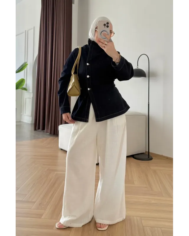 High-Neck Navy Denim Jacket with Belt