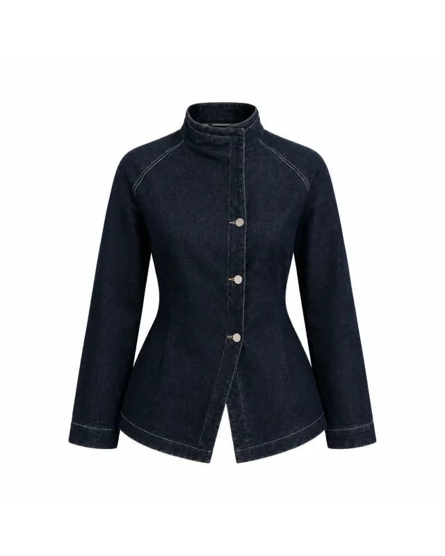 High-Neck Navy Denim Jacket with Belt