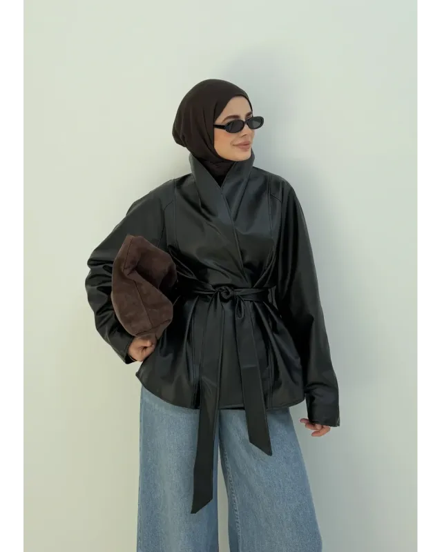 H&M Model Lined Leather Trench Coat – Black