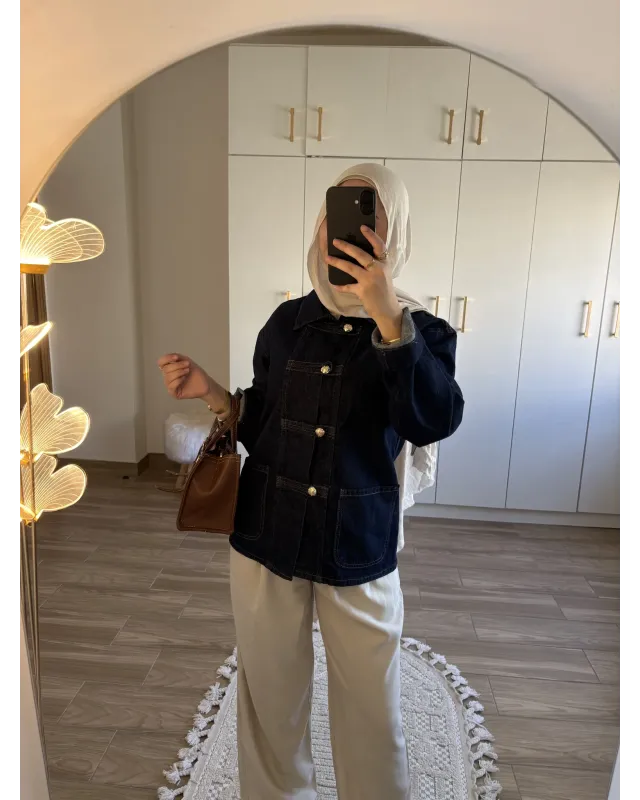 Dark Blue Chinese-Inspired Denim Jacket