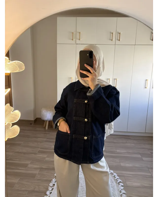 Dark Blue Chinese-Inspired Denim Jacket