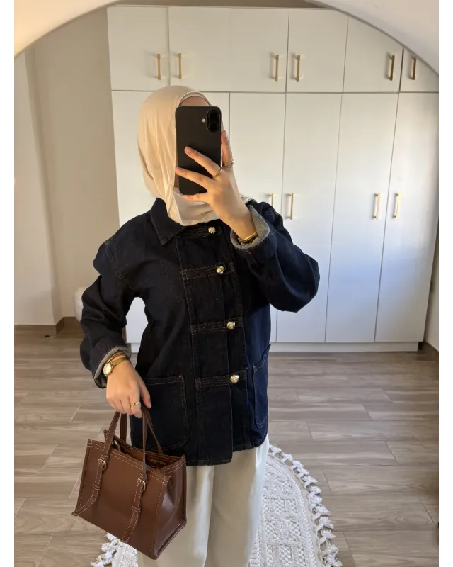 Dark Blue Chinese-Inspired Denim Jacket