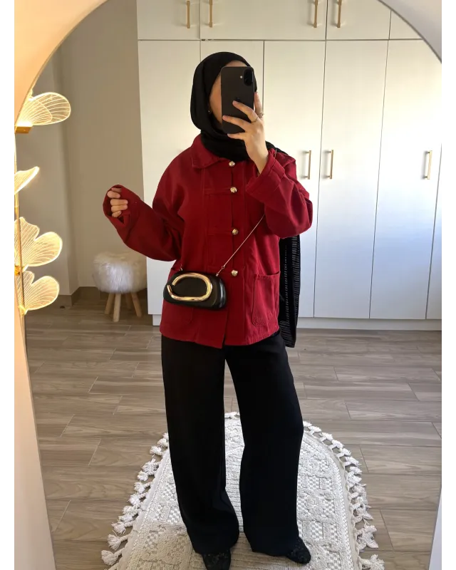 Red Chinese-Inspired Denim Jacket