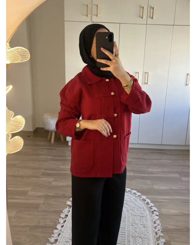 Red Chinese-Inspired Denim Jacket