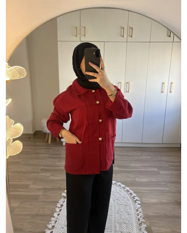 Red Chinese-Inspired Denim Jacket