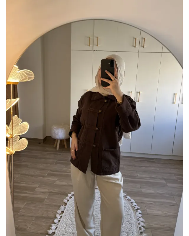 Brown Chinese-Inspired Denim Jacket
