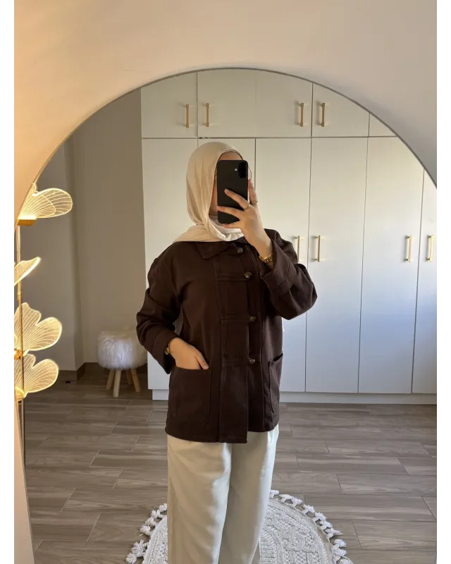 Brown Chinese-Inspired Denim Jacket
