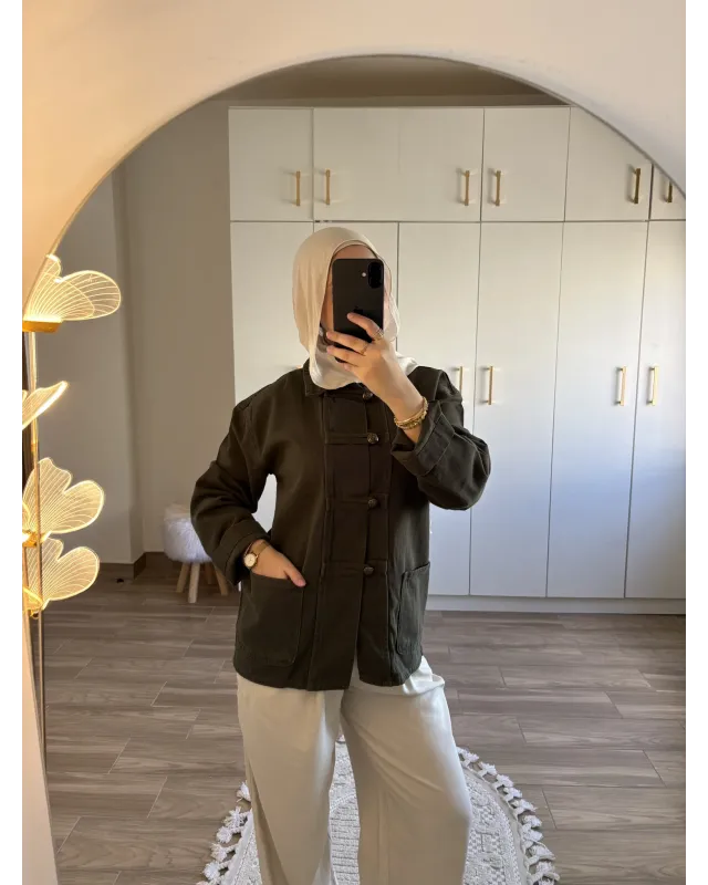Olive Green Chinese-Inspired Denim Jacket