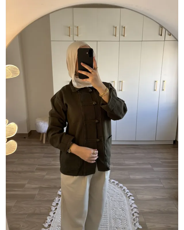 Olive Green Chinese-Inspired Denim Jacket