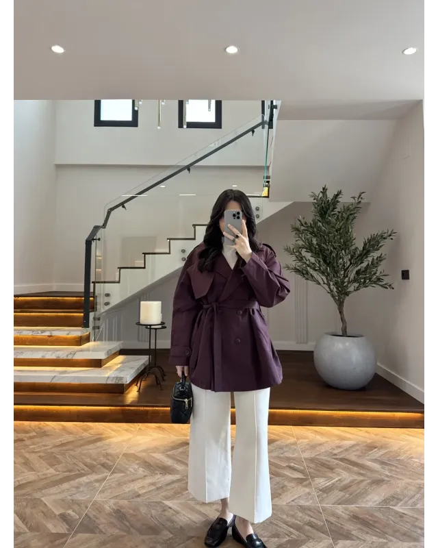 Plum Belted Mid-Length Trench Coat