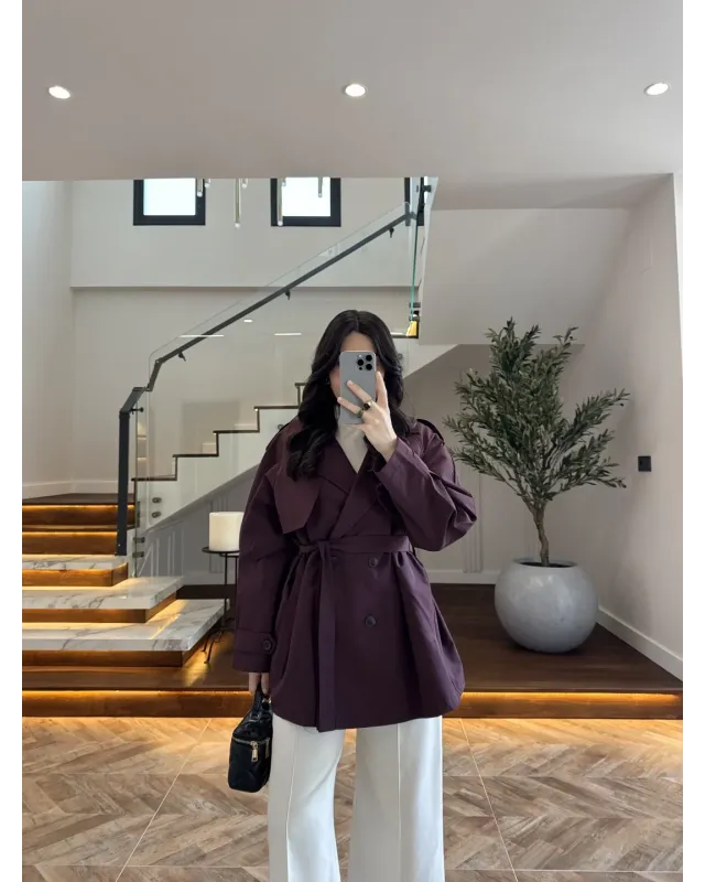Plum Belted Mid-Length Trench Coat