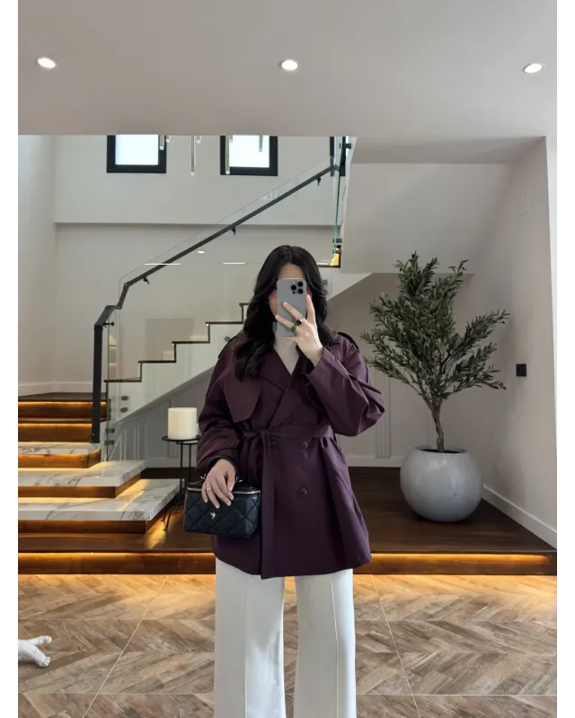 Plum Belted Mid-Length Trench Coat