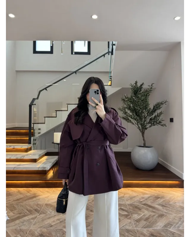 Plum Belted Mid-Length Trench Coat