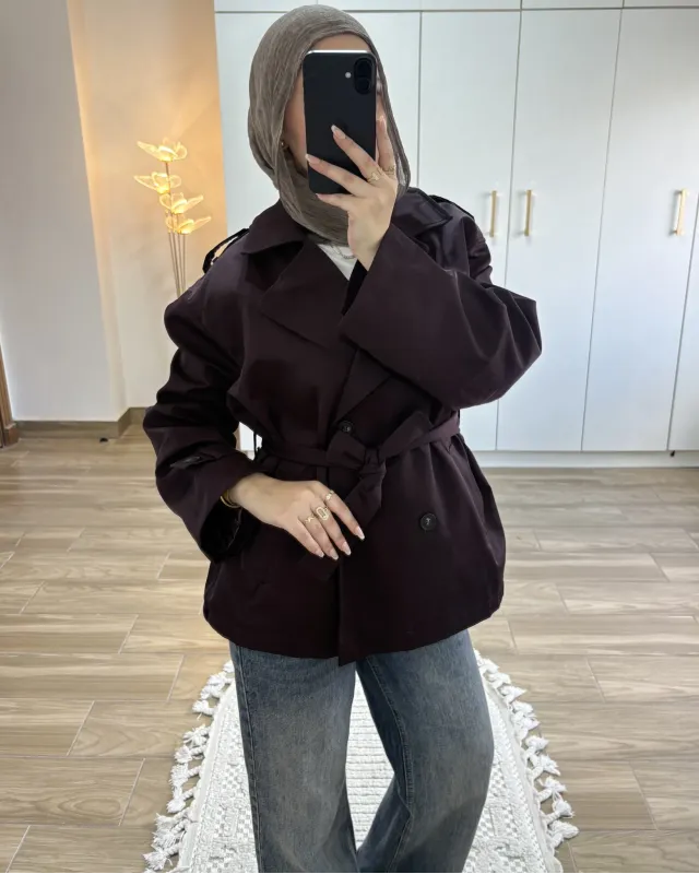 Plum Belted Mid-Length Trench Coat
