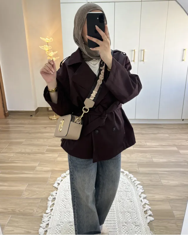 Plum Belted Mid-Length Trench Coat