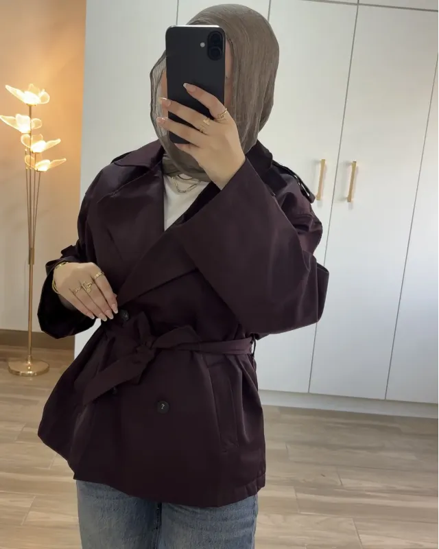 Plum Belted Mid-Length Trench Coat