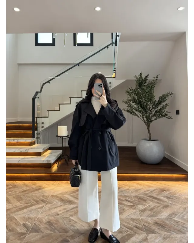 Black Belted Mid-Length Trench Coat
