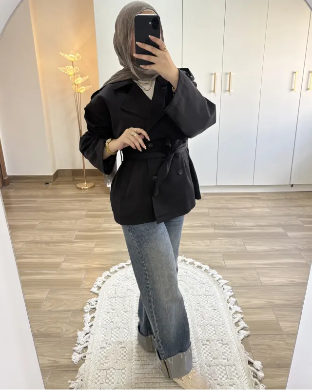 Black Belted Mid-Length Trench Coat