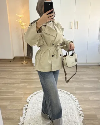 Beige Belted Mid-Length Trench Coat