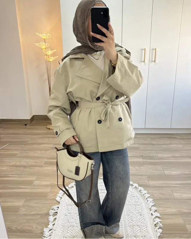 Beige Belted Mid-Length Trench Coat