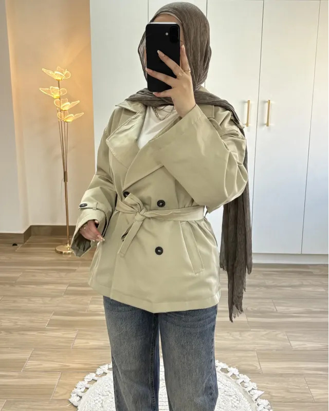 Beige Belted Mid-Length Trench Coat